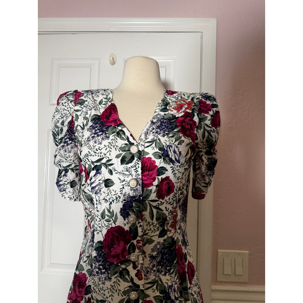 All that Jazz Floral Button Front Mini Dress Puff Sleeve White Red 80 SZ 7/8 - Picture 7 of 13